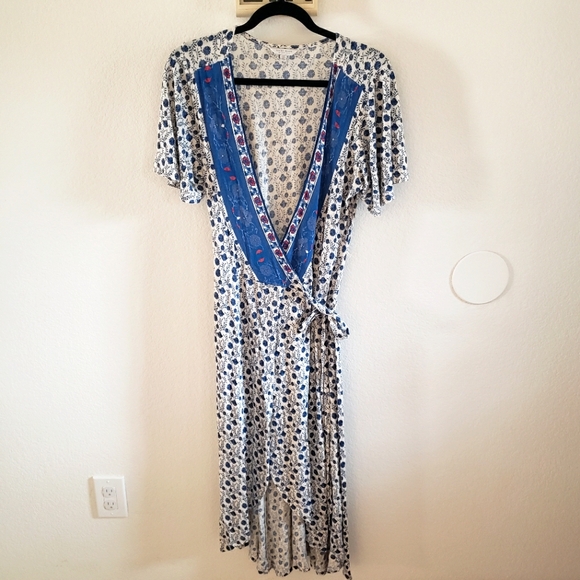 Lucky Brand Dresses & Skirts - Lucky Brand Border Print Blue White‎ and Red Midi Wrap Dress Small